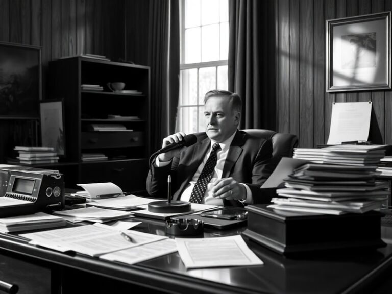 A professional portrait of Mike Rogers in a suit, standing in front of an American flag with digital security elements subtly