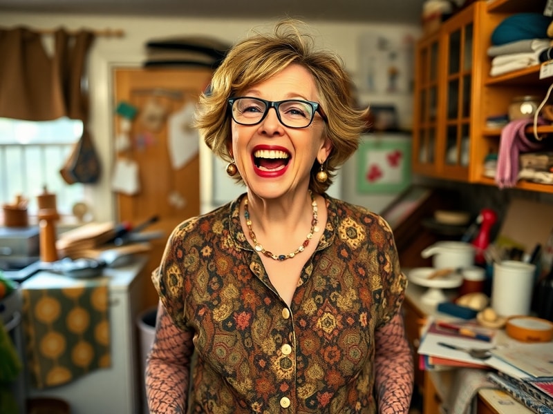 A vibrant promotional image of Amy Sedaris in character, wearing an elaborate outfit with a theatrical backdrop. She is mid-l