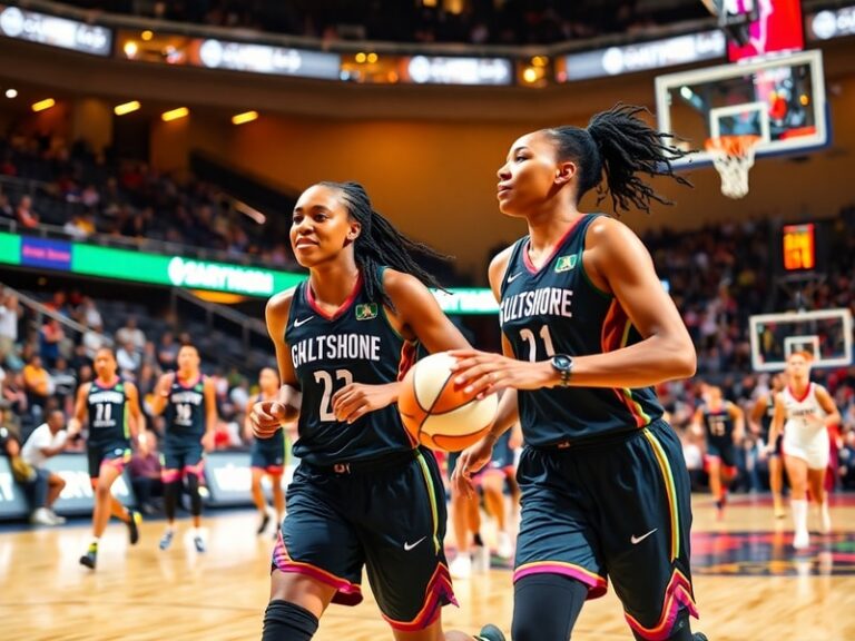 A fast-paced action shot of Brittney Griner and Angel Reese battling on the basketball court, with Griner in a white and teal