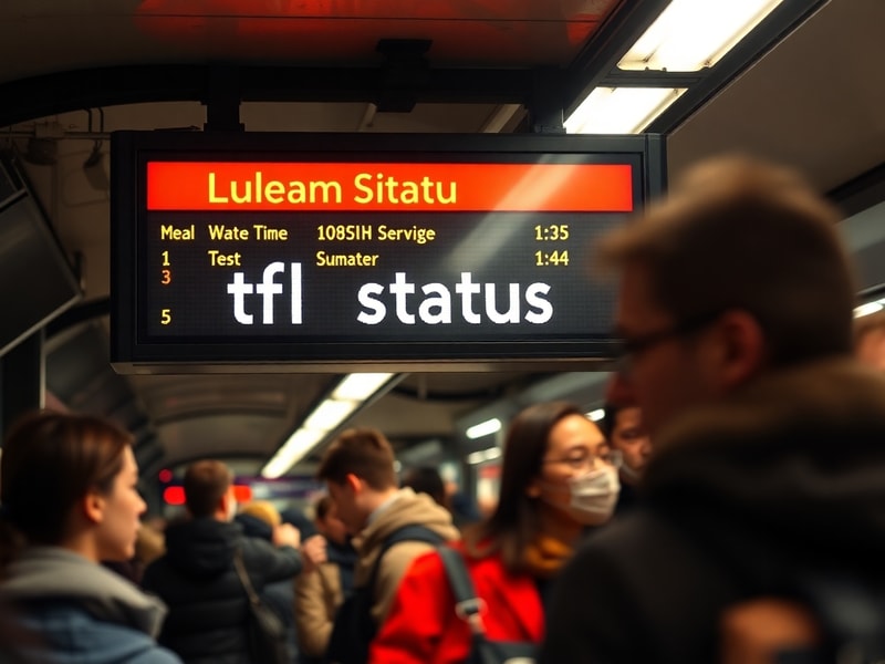 A busy London Underground platform with digital TfL status boards displaying live service updates. The scene includes commute