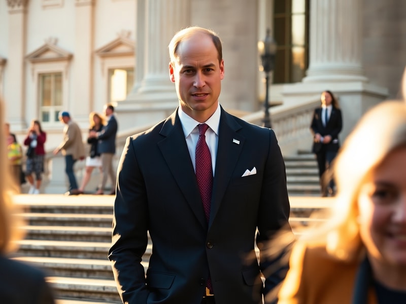 A formal portrait of William, Prince of Wales, in a dark suit against a neutral background, with a subtle nod to his role as