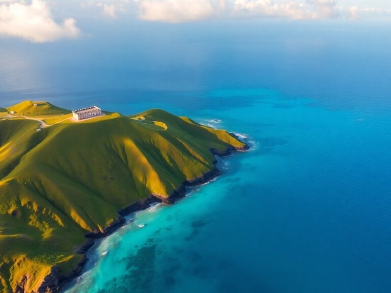 A panoramic view of Saint Kitts’ lush green hills, white sandy beaches, and the iconic Brimstone Hill Fortress against a back