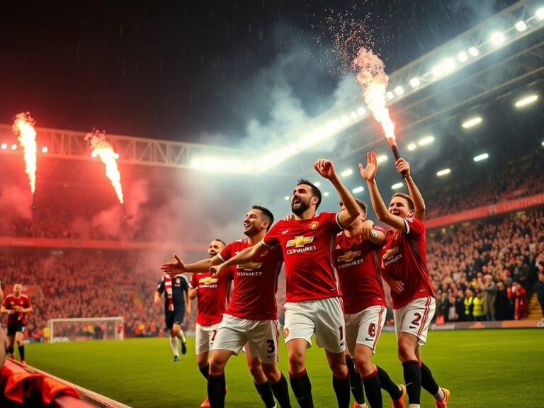 A vibrant stadium scene at Old Trafford during a night match, showing a packed crowd with flares, illuminated by stadium ligh