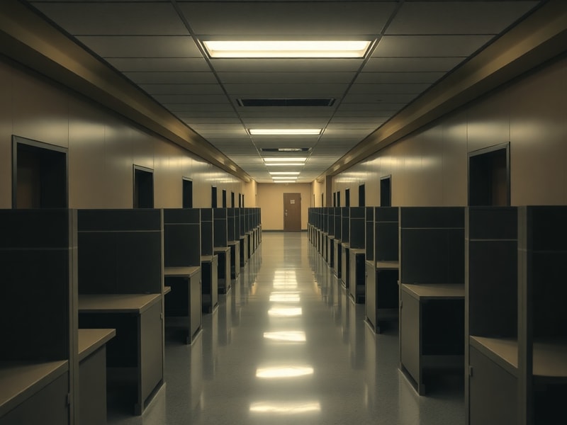 A dimly lit SSA office with long lines of frustrated people waiting outside a closed door. The scene is set in a small town w