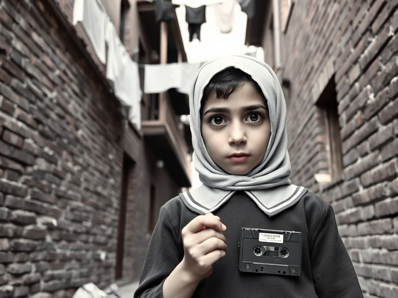 A split-image illustration: on the left, a young Marjane Satrapi in a black-and-white photo; on the right, a colorful comic-s