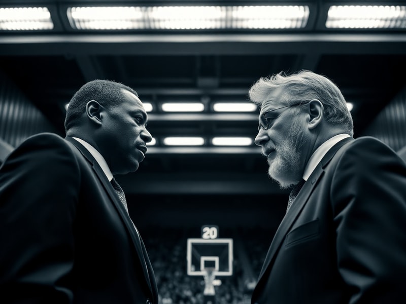 A split-screen image: on the left, Charles Oakley in a Knicks jersey during his playing days, looking determined; on the righ