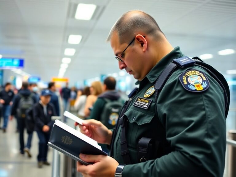 A CBP officer inspects cargo using advanced X-ray imaging technology at a busy port of entry, with a line of trucks waiting i
