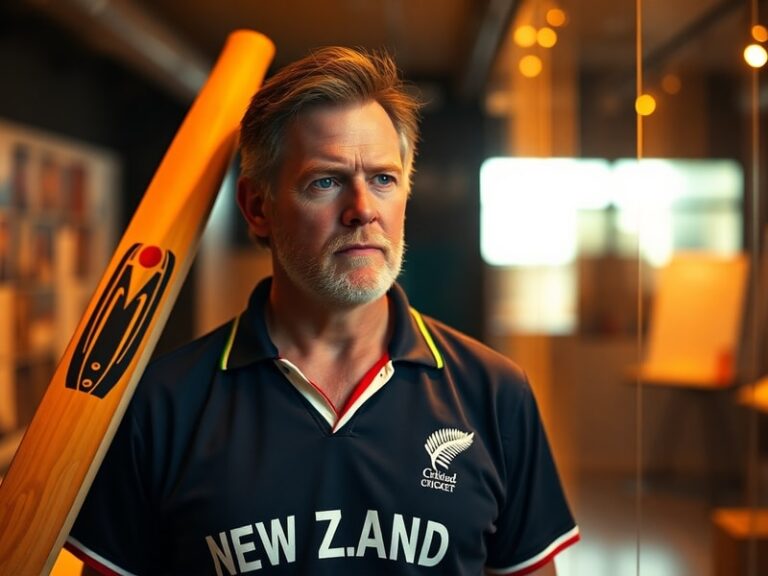 A classic photograph of Martin Crowe in his prime, wearing the New Zealand cricket jersey, mid-action while playing a cover d