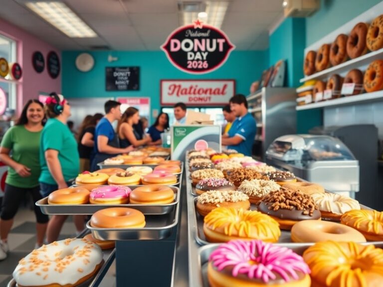 A vibrant bakery display with a variety of donuts—glazed, chocolate frosted, matcha-infused, and vegan—arranged on a rustic w