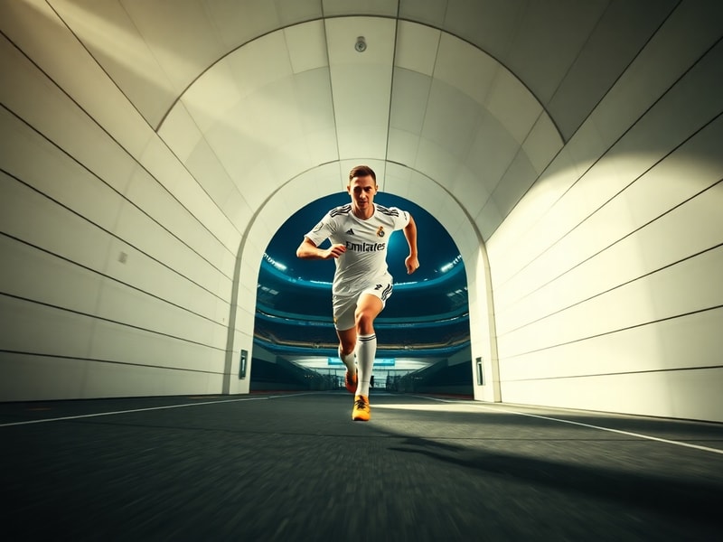 A dynamic action shot of Erling Haaland wearing the Real Madrid kit, mid-dribble during a training session at the Santiago Be