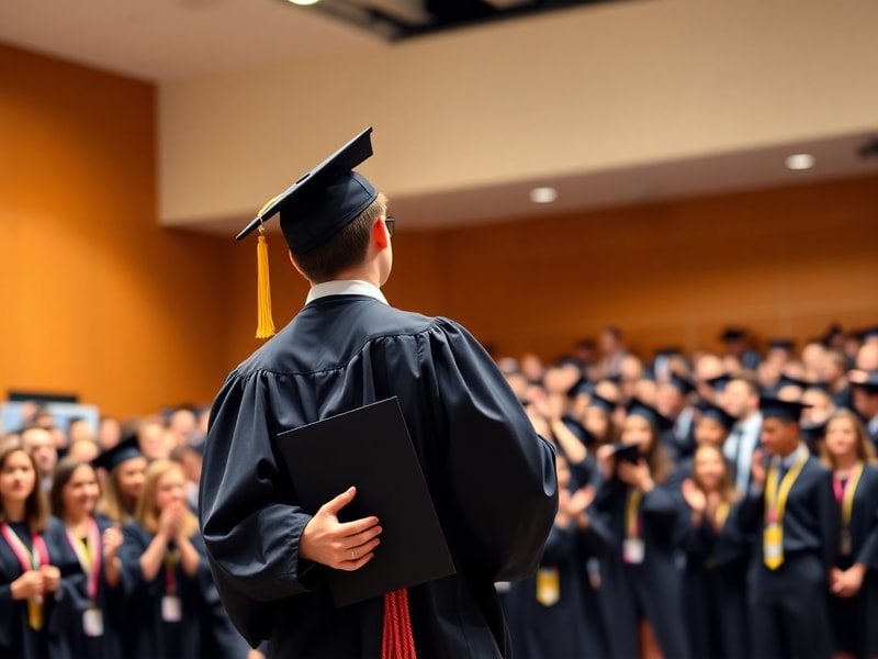A diverse group of graduates in caps and gowns tossing their caps into the air against a bright blue sky, with confetti falli