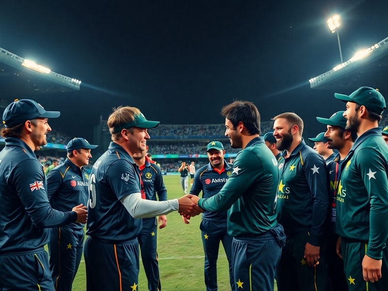A vibrant cricket stadium packed with fans, featuring players from both teams in action during a high-stakes match. The setti