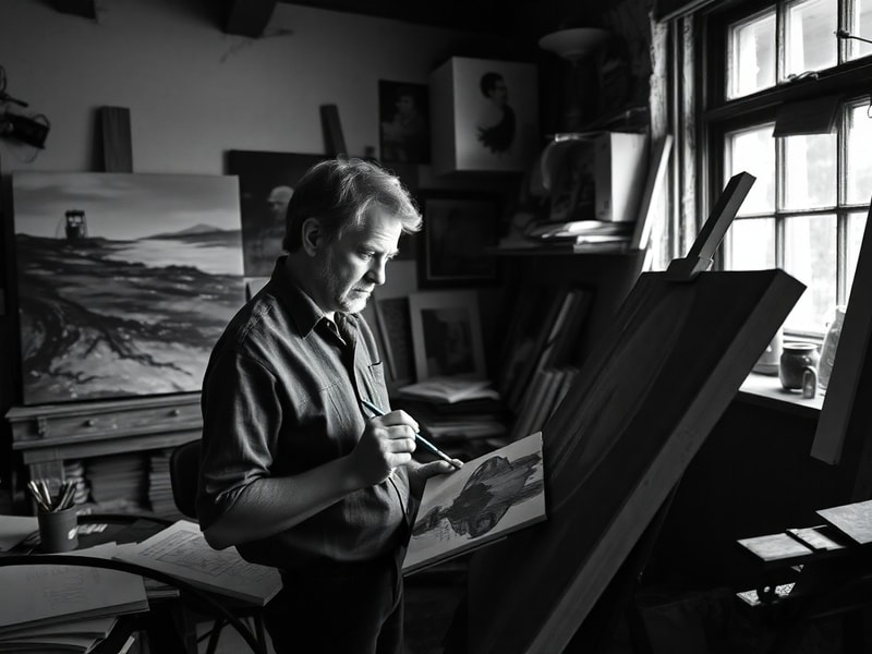 A professional portrait of Henry Nowak in a dimly lit studio setting, dressed in modern, understated attire. The background f