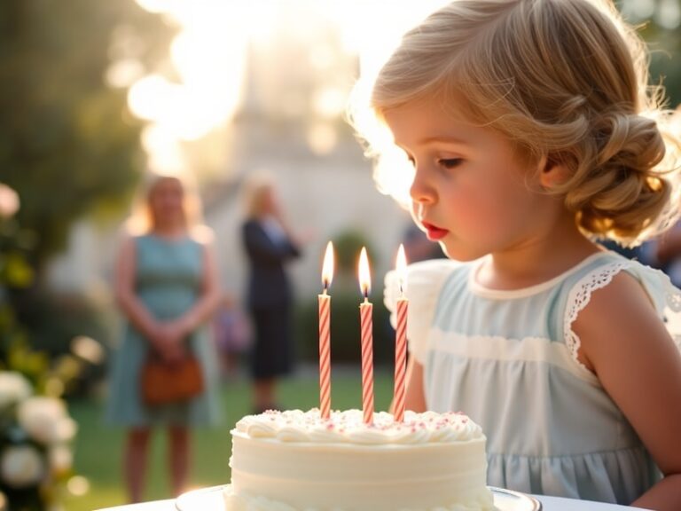 A serene indoor scene of a young girl (Princess Lilibet) blowing out a birthday cake surrounded by her parents and family mem