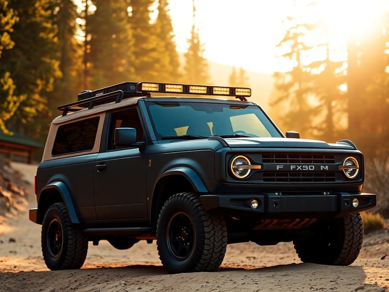 A rugged Ford Bronco Filson Edition parked on a rocky trail at golden hour, featuring olive drab paint, a heritage tan soft t
