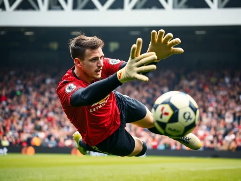 A dynamic action shot of Tom Heaton in full goalkeeper gear, mid-save during a Premier League match, with blurred stadium bac
