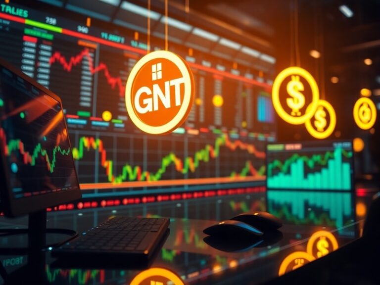 A futuristic laboratory scene with glowing trapped-ion quantum processors, holographic quantum circuits, and a stock chart ov