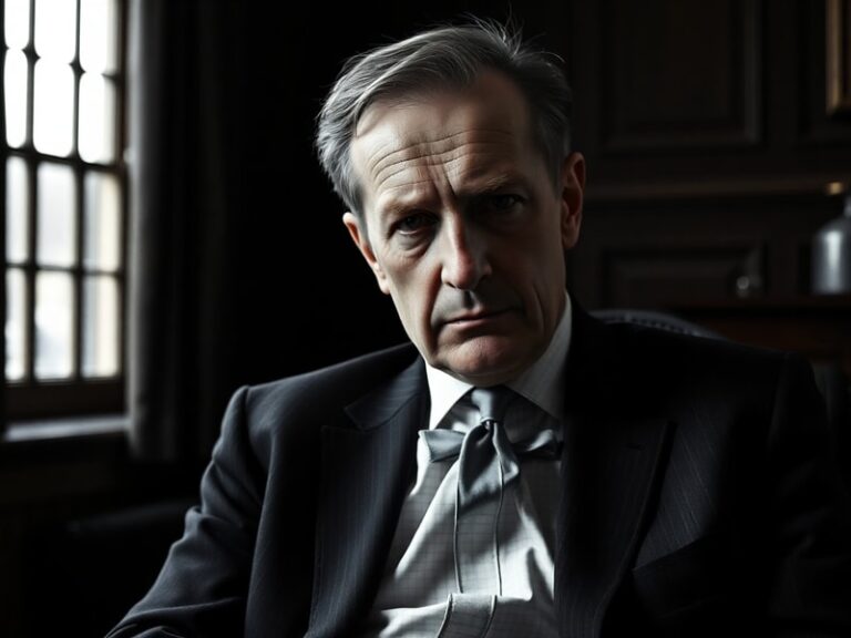 A formal portrait of Sir Alex Younger in a suit, standing in a dimly lit MI6 office with digital screens in the background, c