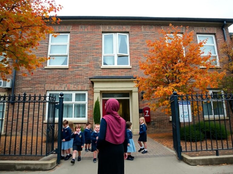 A vibrant exterior shot of Jesse Gray Primary School on a sunny day, showing children playing in the schoolyard, colorful mur