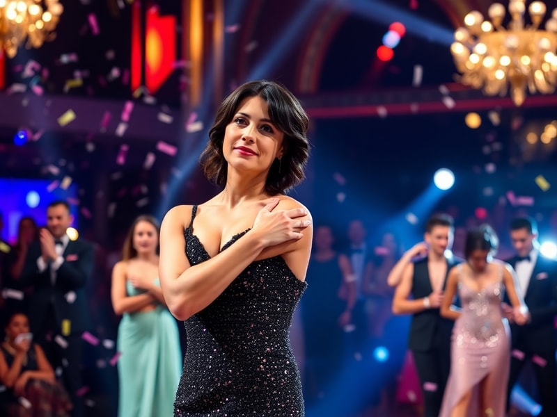 A vibrant photo of Janette Manrara mid-performance on the Strictly Come Dancing stage, wearing a sequined Latin dance dress w