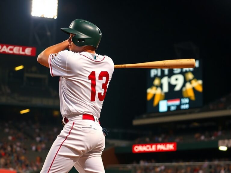 A focused action shot of Austin Wynns mid-swing at a sunny MLB stadium, wearing a maroon jersey with a glove in hand, bat blu