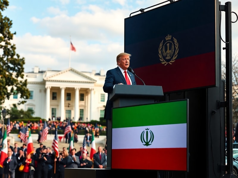 A split-image composition showing a tense diplomatic meeting between U.S. and Iranian officials on one side, and a scene of e