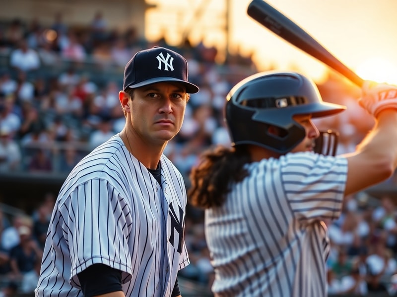A split-screen image showing a Cleveland Guardians pitcher in mid-windup on one side and a Yankees slugger at bat on the othe