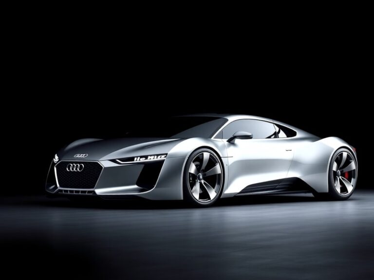 A sleek, retro-futuristic Audi Nuvolari concept car on display at a modern exhibition hall, bathed in soft lighting that high
