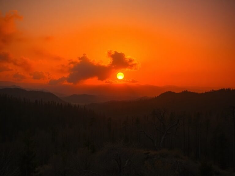 A wide-angle view of a dry, wind-swept landscape with tall grass and scattered trees, under a hazy orange sky. In the foregro