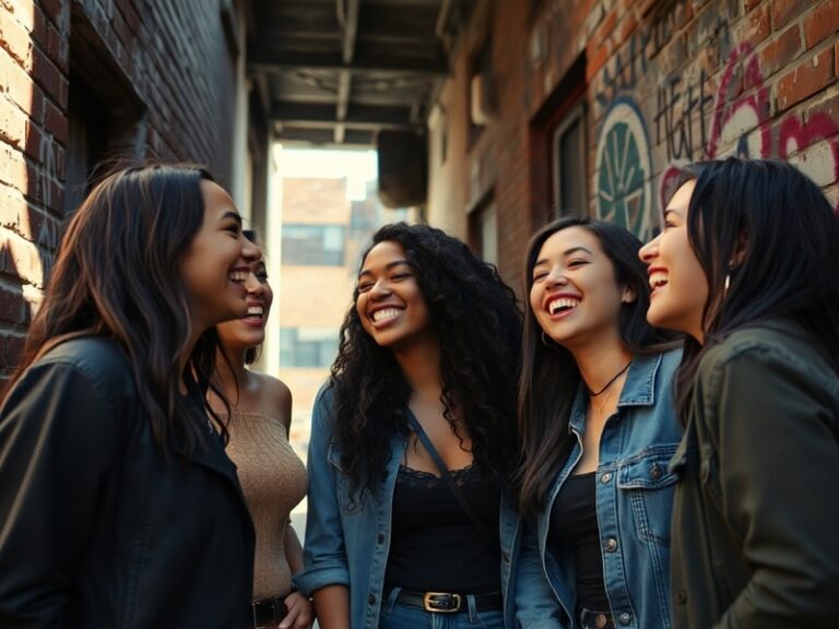 A cinematic still from the documentary featuring a diverse group of women engaged in candid conversation, with contrasting el