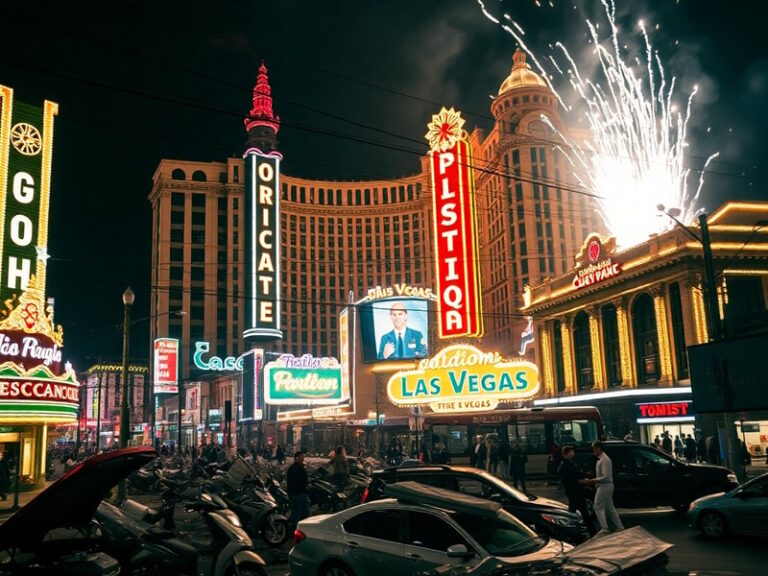 A dramatic illustration showing a split view of Las Vegas at night: on one side, the glowing Strip with casinos and lights, a