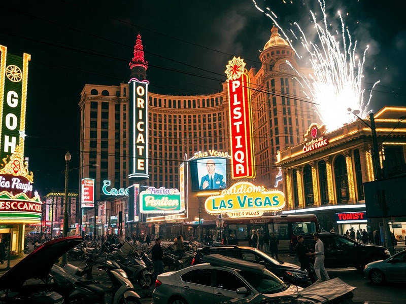A dramatic illustration showing a split view of Las Vegas at night: on one side, the glowing Strip with casinos and lights, a