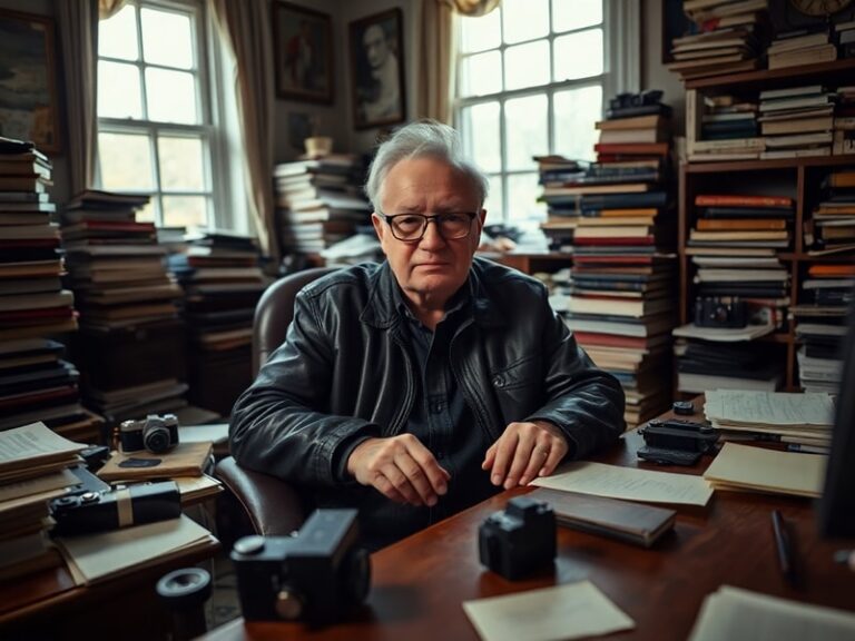 A mid-career portrait of Robert Kenyon in a minimalist home office, surrounded by dual monitors displaying early social media