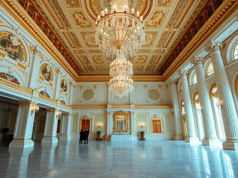 A grand, ornate view of the White House State Ballroom during a formal event, showcasing its gold-leaf detailing, chandeliers