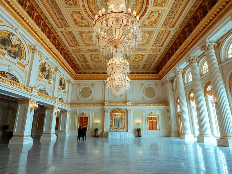 A grand, ornate view of the White House State Ballroom during a formal event, showcasing its gold-leaf detailing, chandeliers