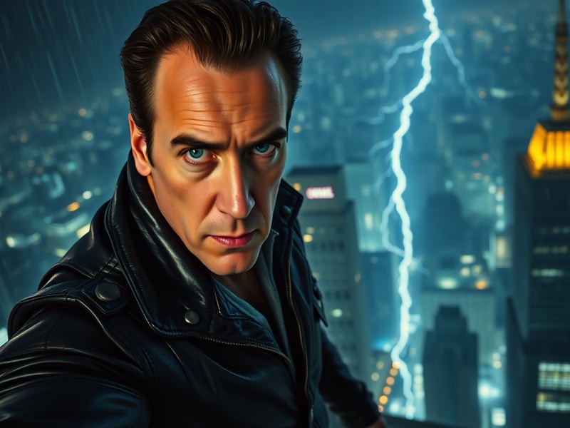 A promotional image of Nicolas Cage in costume as Waldo, mid-action with a chaotic, cartoonish backdrop. The scene includes e
