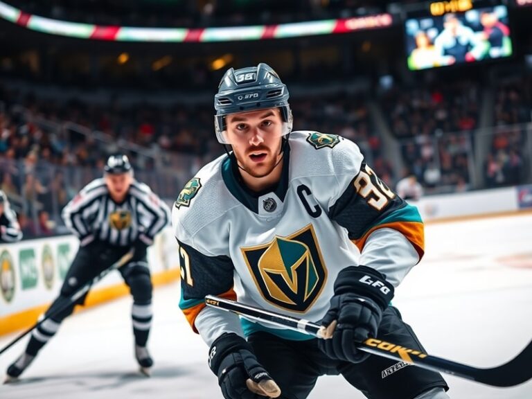 A professional hockey player in mid-game action, wearing a white and gold jersey, focused and skating on an NHL rink with a b