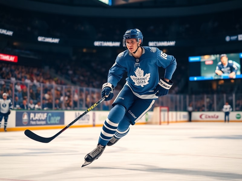 A dynamic action shot of Mitch Marner in a Toronto Maple Leafs jersey, controlling the puck with intense focus during a game,