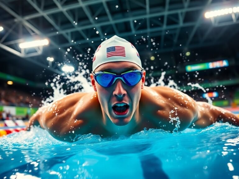 A split-image composition showing Ryan Lochte in his prime during a swimming competition on the left, and on the right, a som