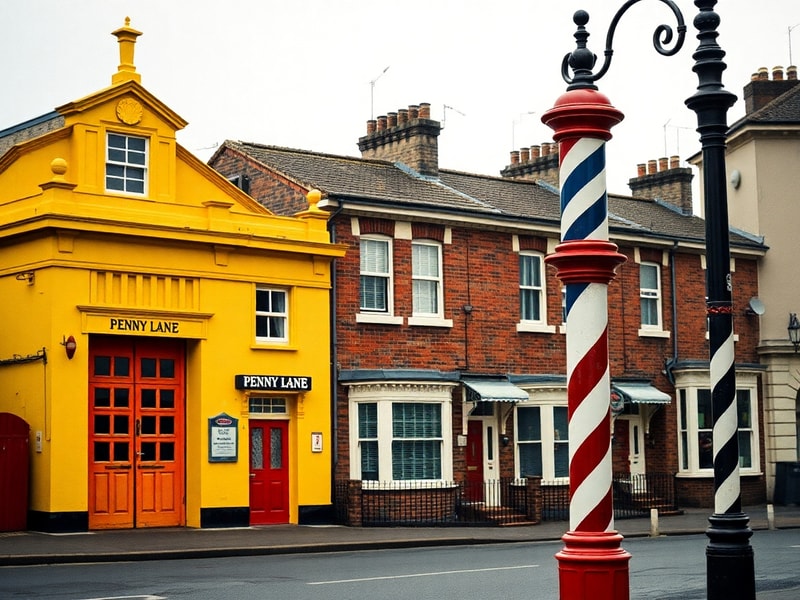 A vibrant street scene of Penny Lane in Liverpool, featuring the iconic barber shop, bus shelter, and colorful murals. The sc