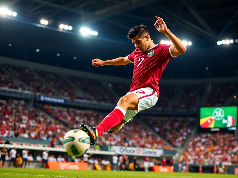 A dynamic action shot of Luis Chávez in mid-dribble during a Pachuca match, wearing the team's blue and white uniform, with a