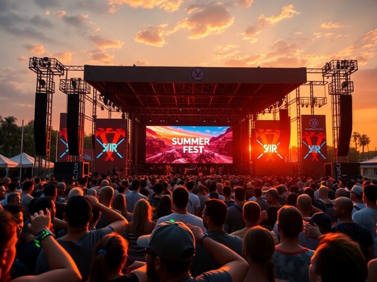 A vibrant digital stage with holographic gaming logos projected in the air, surrounded by diverse attendees on multiple scree