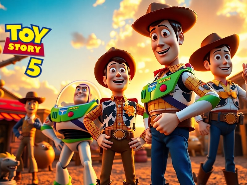A vibrant, cinematic shot of Woody, Buzz, and the gang gathered around a glowing crystal ball or a futuristic toy box, with a