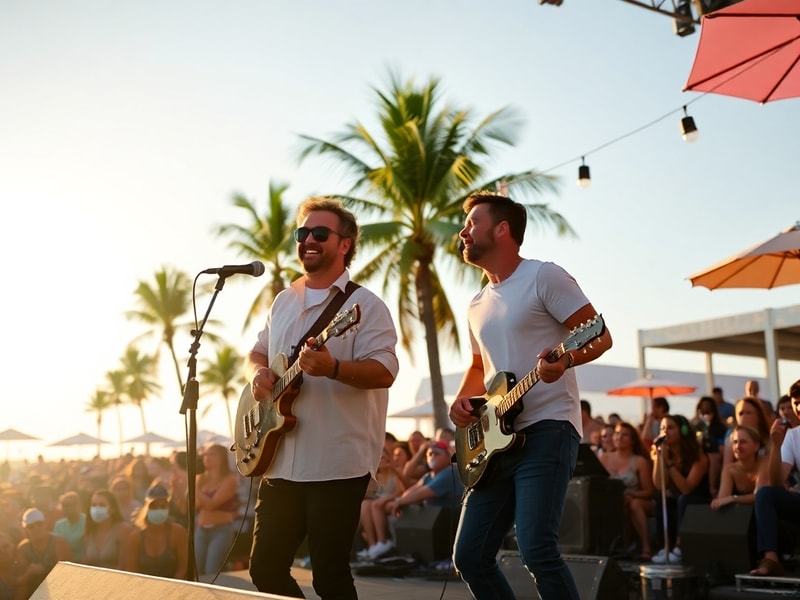 A dynamic live performance shot of Florida Georgia Line on stage, featuring Tyler Hubbard and Brian Kelley with energetic lig