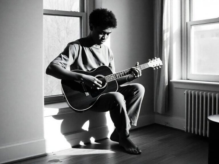 A moody, atmospheric portrait of Steve Lacy playing a guitar in a dimly lit room, surrounded by vintage equipment and abstrac