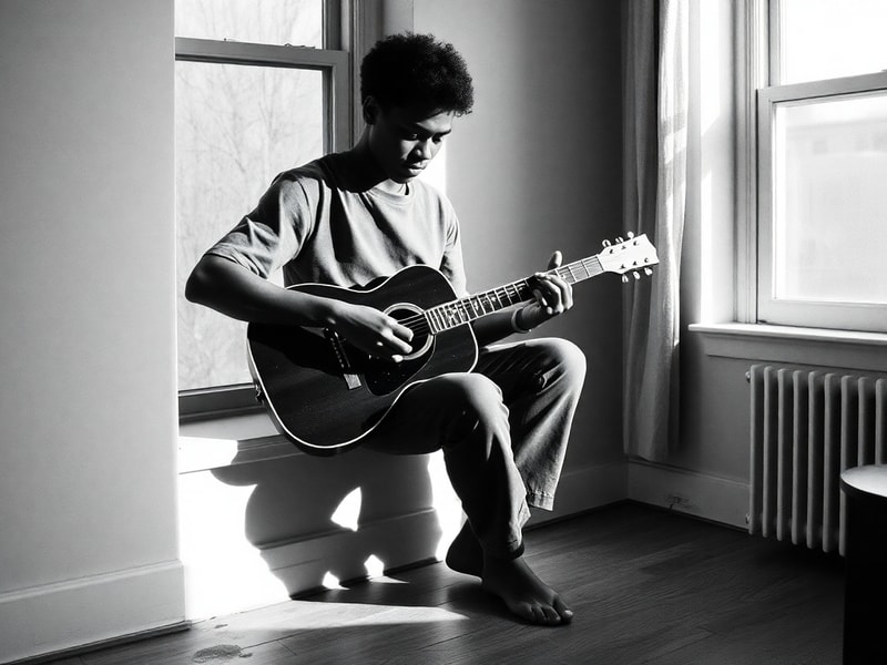 A moody, atmospheric portrait of Steve Lacy playing a guitar in a dimly lit room, surrounded by vintage equipment and abstrac