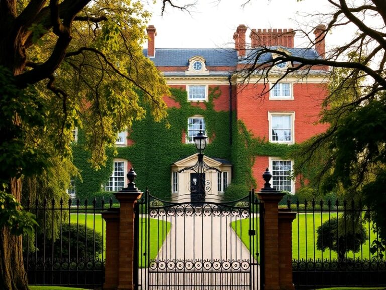 An exterior view of Royal Lodge in Windsor Great Park, showcasing its Georgian and Victorian architecture, surrounded by lush