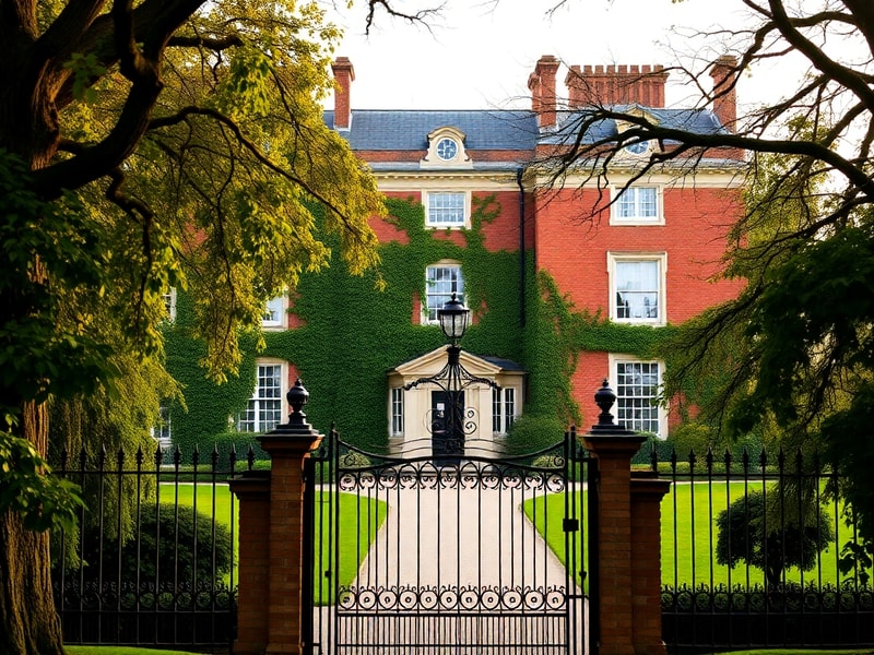 An exterior view of Royal Lodge in Windsor Great Park, showcasing its Georgian and Victorian architecture, surrounded by lush