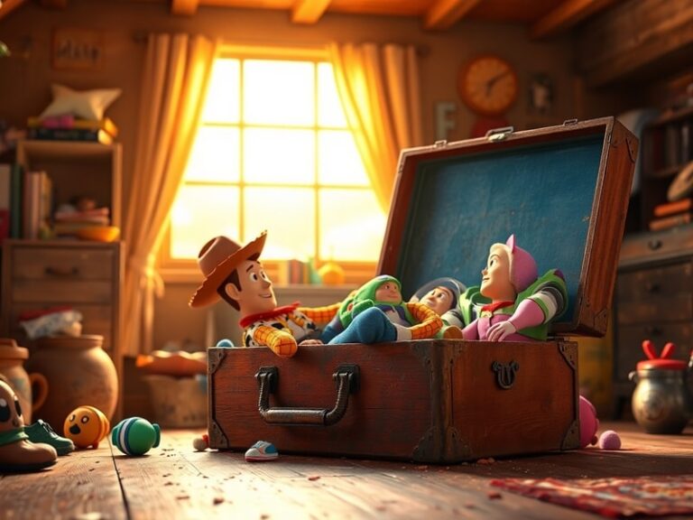 A vibrant promotional image of Woody, Buzz, and the Toy Story gang in a futuristic setting, with a cinematic backdrop of a th