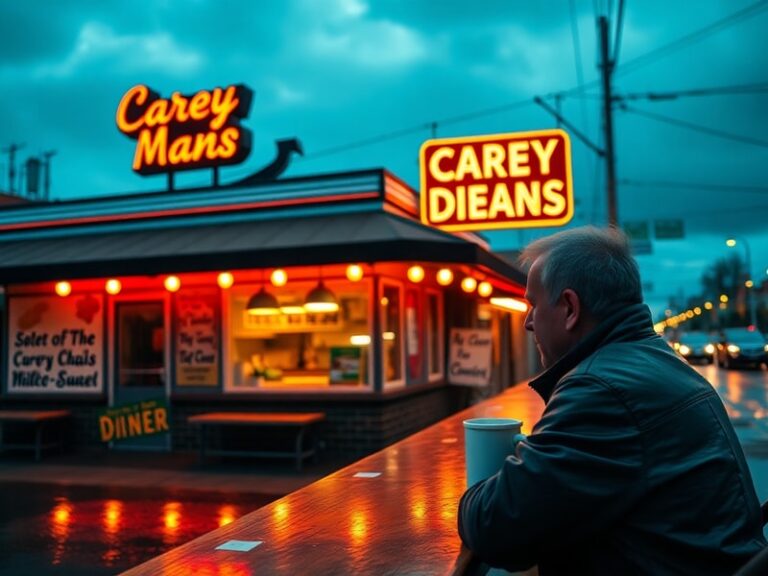 A vibrant collage showing Carey Means in various contexts: street art with the phrase, a musician performing with it on stage